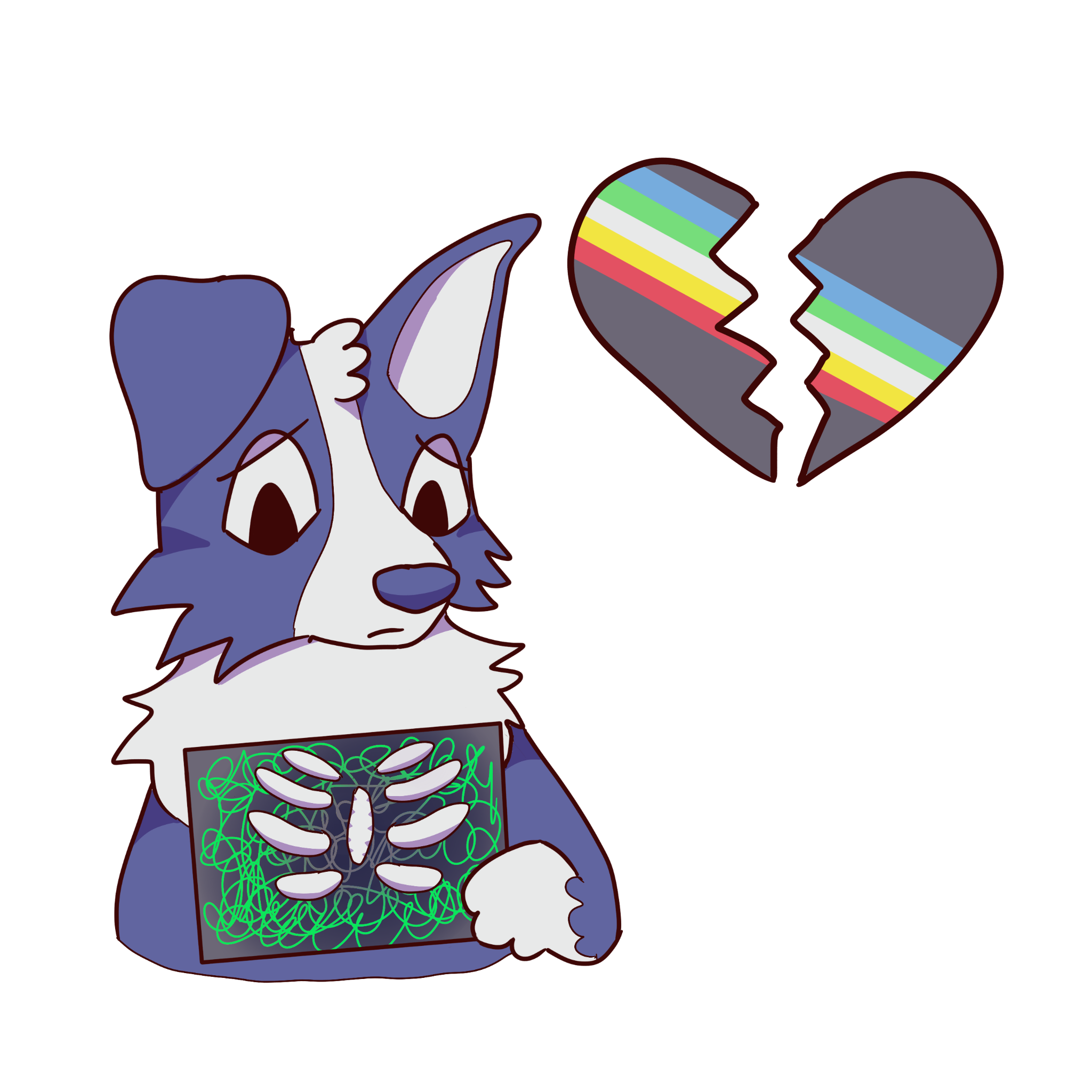 blue dog holding x-ray over chest with green scribbles in ribs. next to it is a broken pink heart with disability pride flag in it